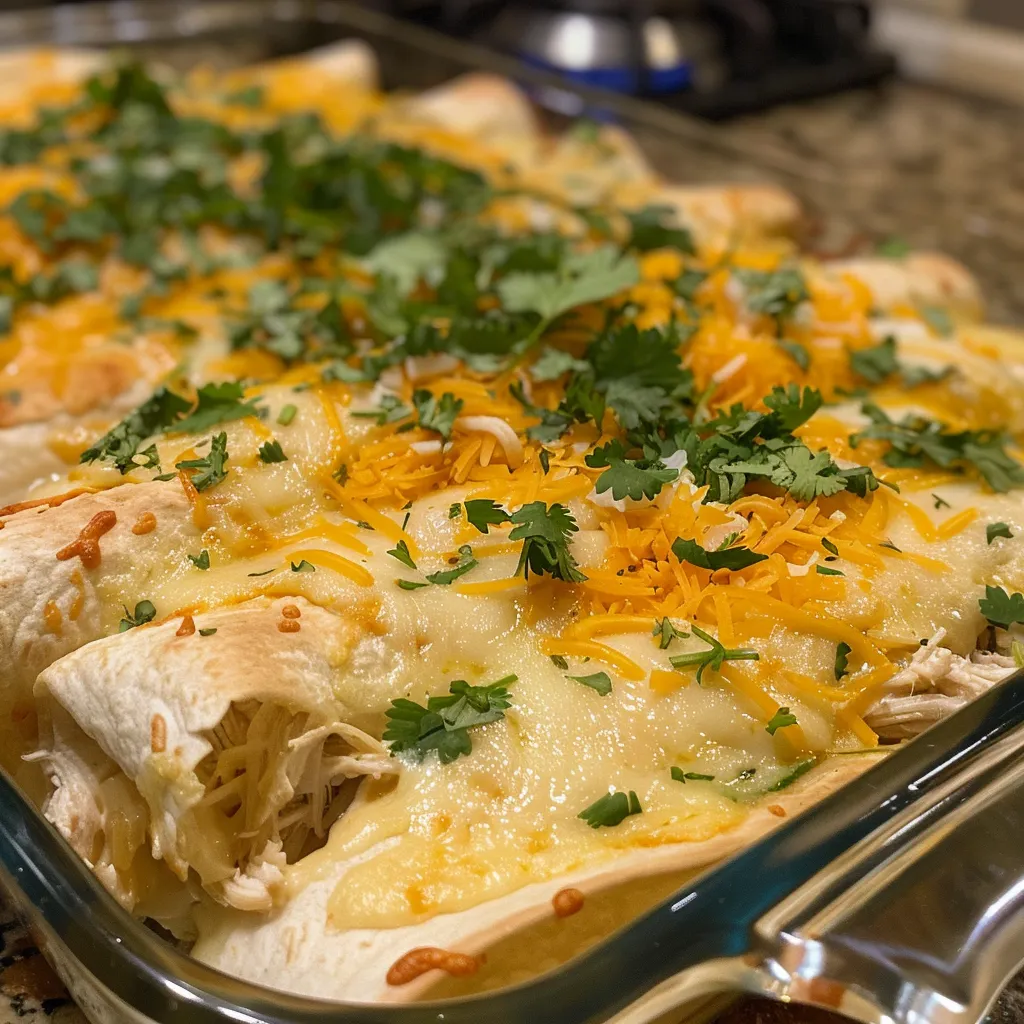 A side view of delicious creamy white chicken enchiladas garnished with cilantro and cheese.