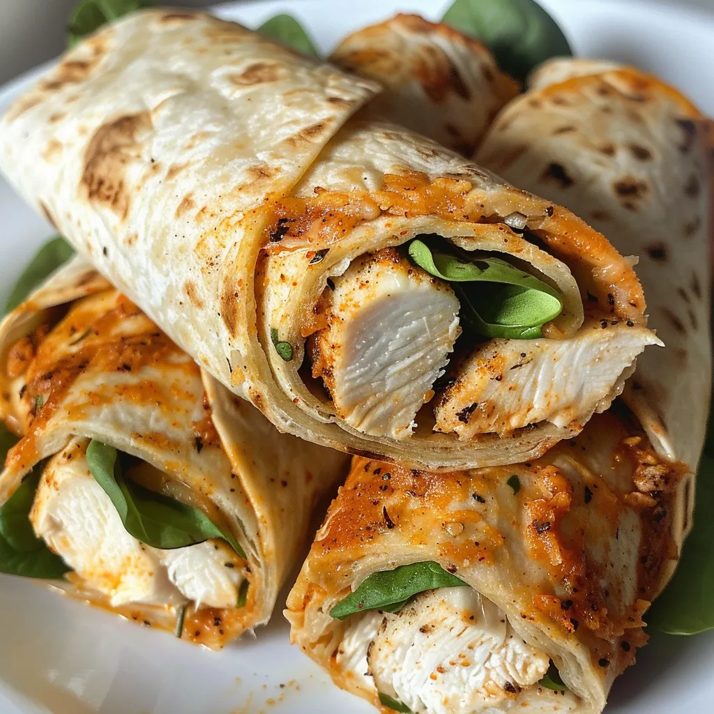 Side view of juicy chicken and mozzarella wraps filled with fresh ingredients.