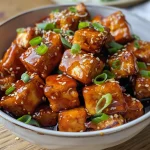 Close-up view of crispy honey garlic tofu garnished with green onions and sesame seeds.