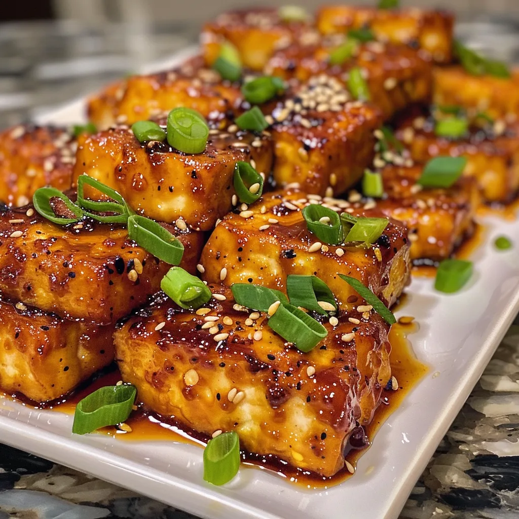 Side angle shot of golden-brown tofu drizzled with honey garlic sauce and topped with sesame seeds.