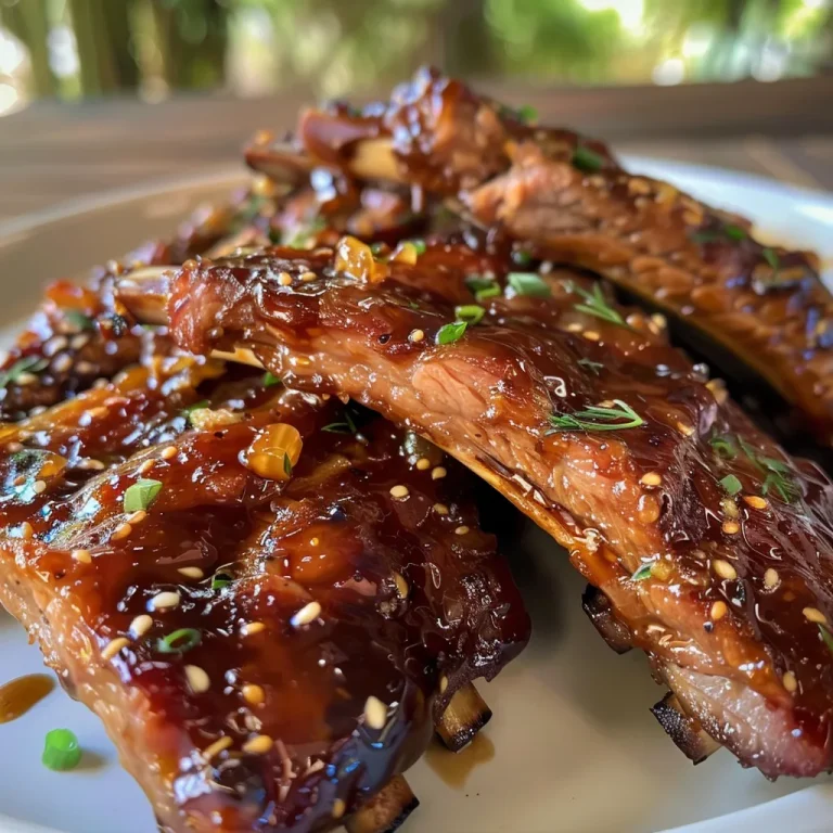Juicy honey garlic soy spareribs served on a plate.