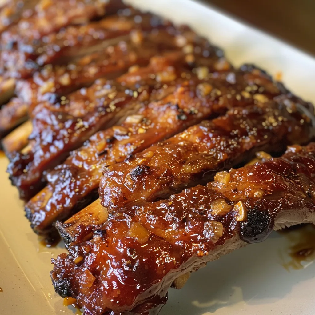 Close-up view of tender, glazed baby back ribs with a rich sauce.
