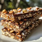 Close-up view of a dark chocolate nut bar topped with sea salt, showcasing almonds, peanuts, and cashews.