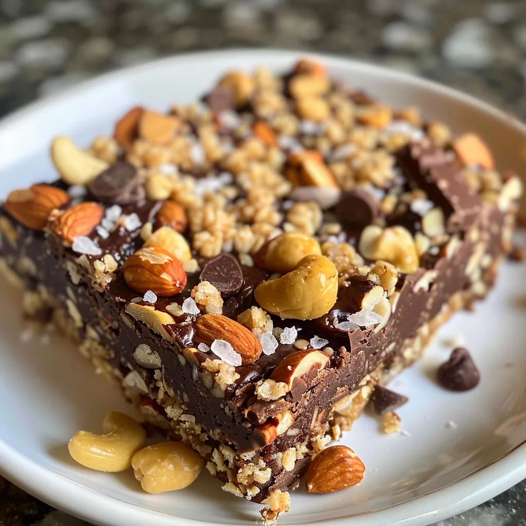 Side view of a delicious dark chocolate sea salt nut bar, highlighting its rich texture and nutty ingredients.