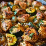 Close-up of a hearty chicken zucchini bake with vibrant green zucchini and golden chicken pieces.