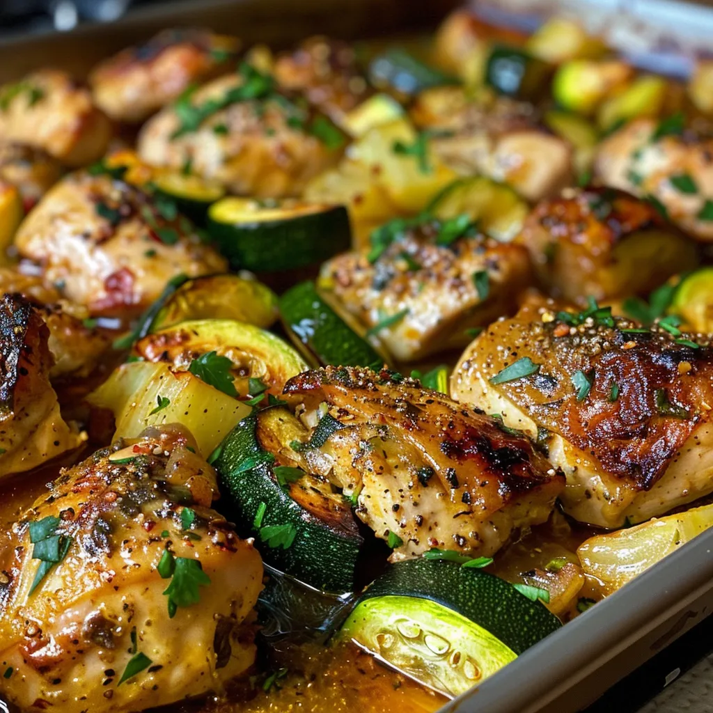 Side view of a delicious chicken zucchini bake highlighting the tender chicken and fresh vegetables.