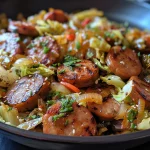 Close-up view of a vibrant stir fry featuring sausage and cabbage in a bowl.
