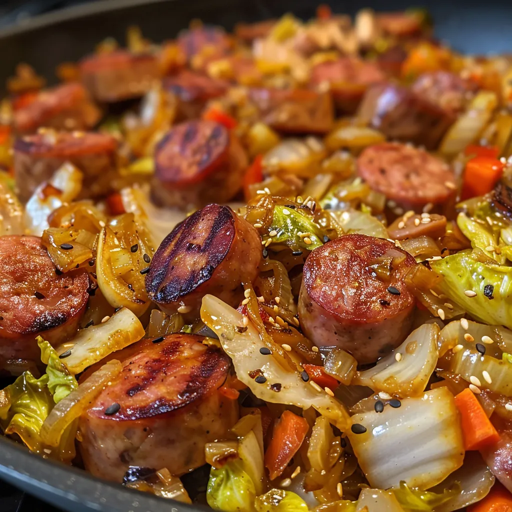 Colorful Easy Sausage and Cabbage Stir Fry with sliced vegetables and cooked sausage.