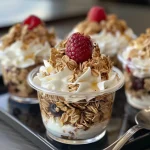 Close-up view of frozen yogurt granola cups topped with fresh berries.