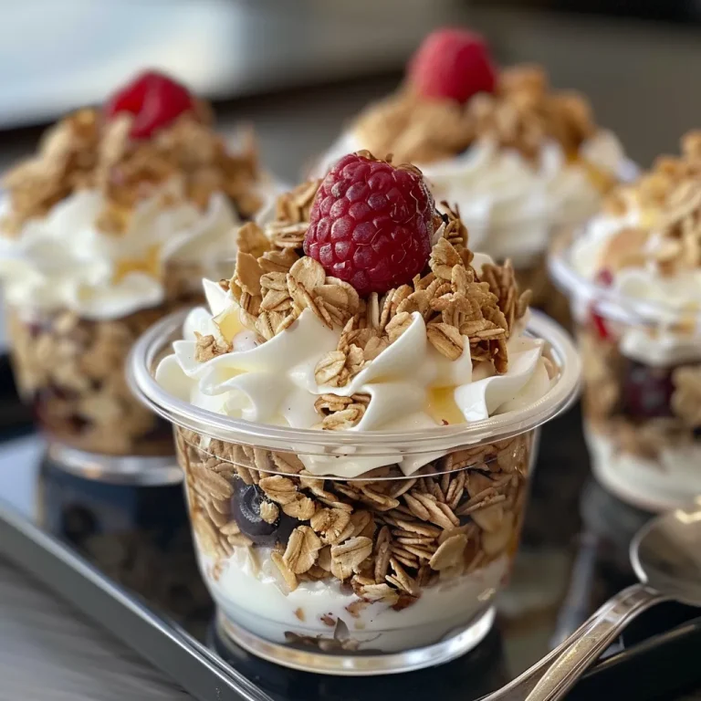 Close-up view of frozen yogurt granola cups topped with fresh berries.