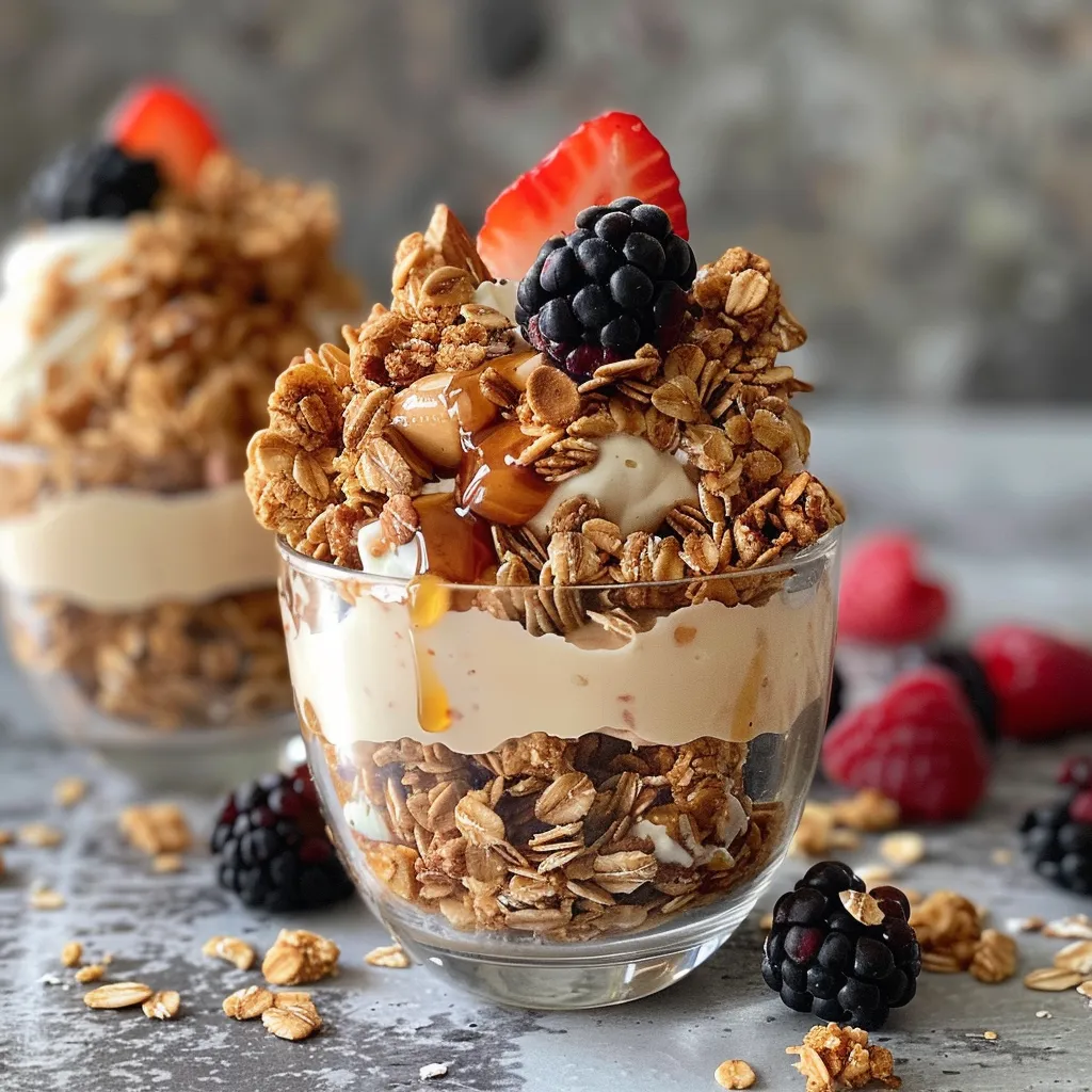 Side view of granola cups filled with creamy yogurt, garnished with colorful fruits.
