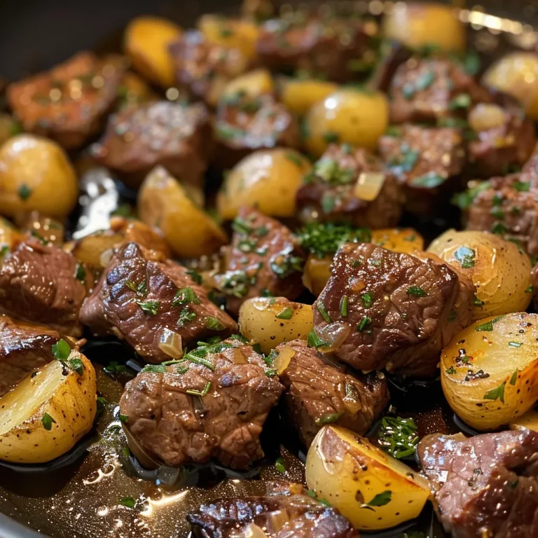 Juicy garlic butter beef bites with halved baby potatoes, showing a close-up side view.