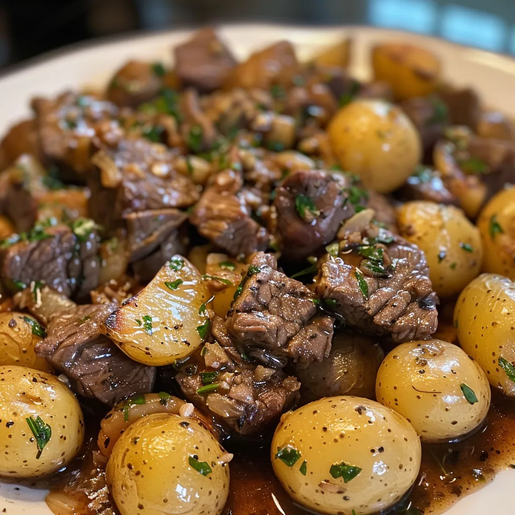 Close-up image of tender beef stew meat in garlic butter sauce surrounded by golden baby potatoes.