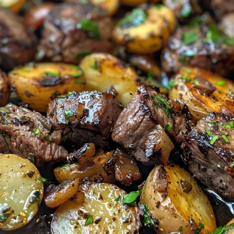 Close-up view of succulent garlic steak bites and golden baby potatoes on a white plate.