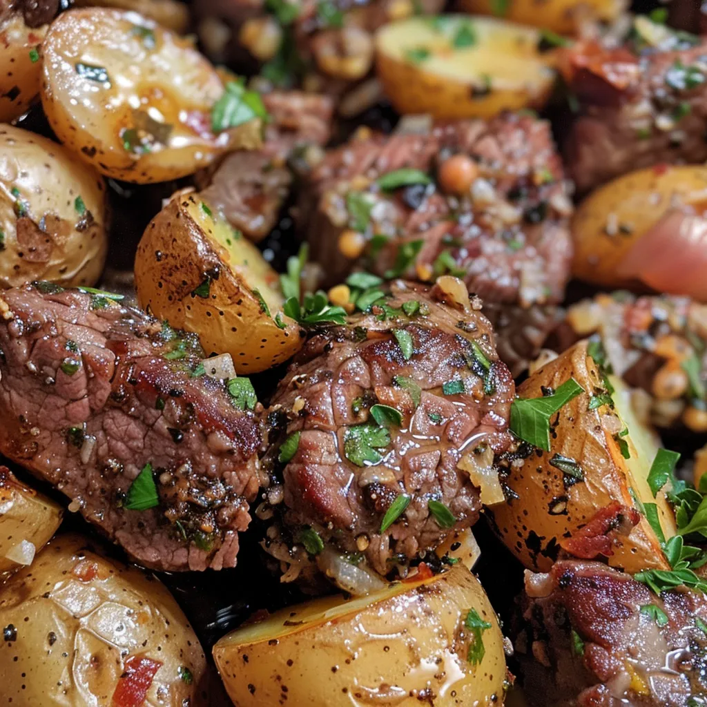 Side shot of tender steak bites garnished with fresh parsley alongside roasted potatoes.