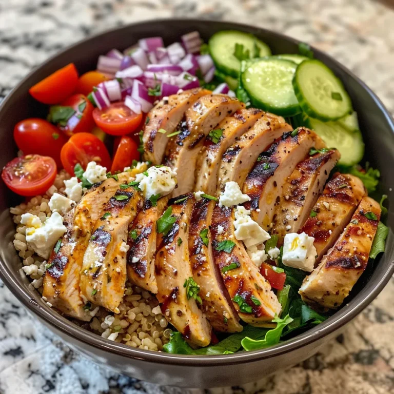 A close-up view of a vibrant Greek chicken bowl topped with fresh vegetables and feta cheese.