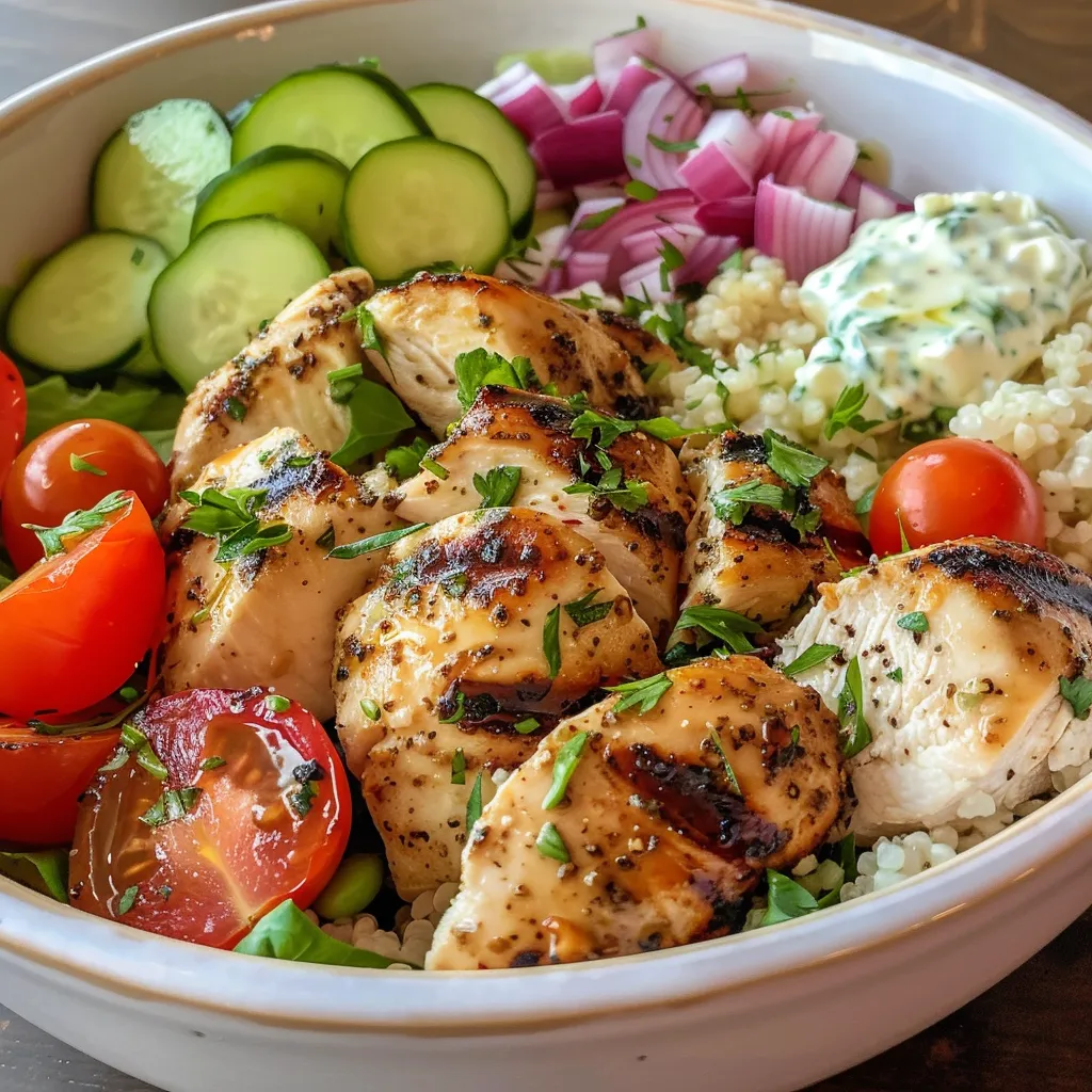 A colorful Greek chicken bowl featuring diced cucumber, cherry tomatoes, and tzatziki sauce.