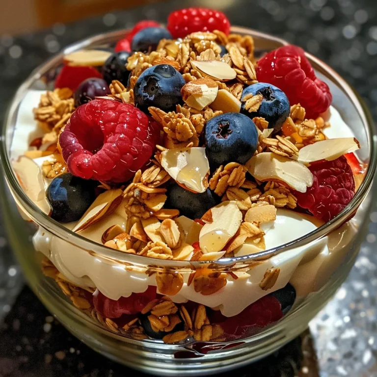 A side view of a Greek yogurt parfait layered with fresh berries and slivered almonds.