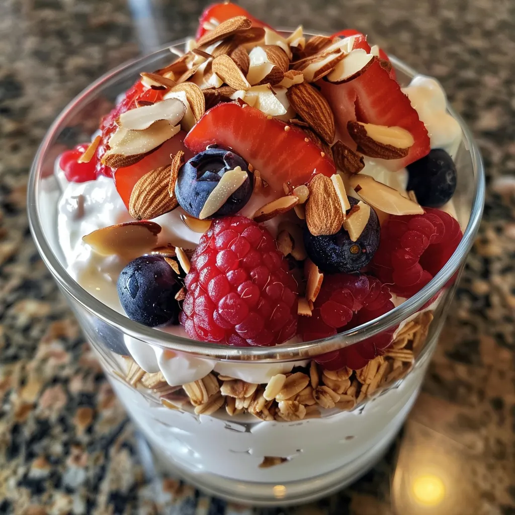 Close up of a creamy Greek yogurt parfait topped with strawberries, blueberries, and raspberries.