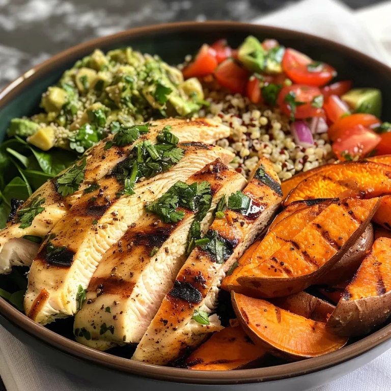Grilled herb chicken bowl with vibrant sweet potato fries and fresh avocado salsa.