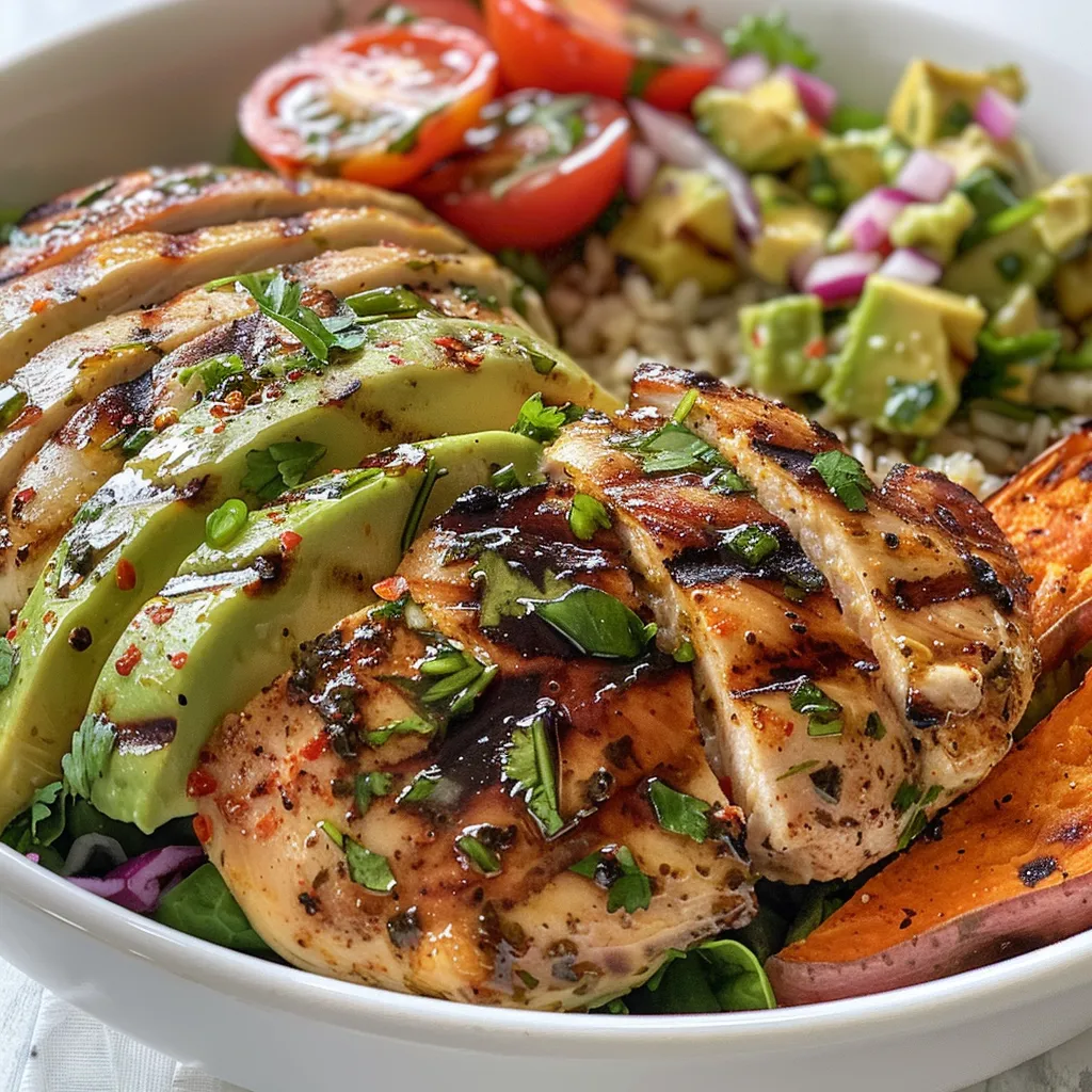 Close-up of a grilled chicken dish served with colorful sweet potato fries and diced avocado.