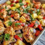 A close-up view of a colorful Hawaiian Chicken Sheet Pan dish featuring chicken, peppers, pineapple, and onions.