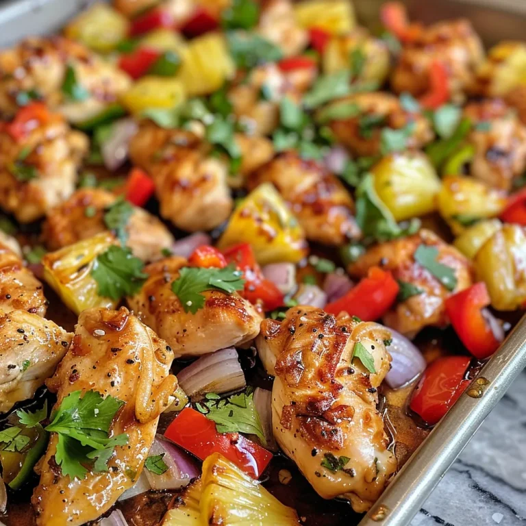A close-up view of a colorful Hawaiian Chicken Sheet Pan dish featuring chicken, peppers, pineapple, and onions.