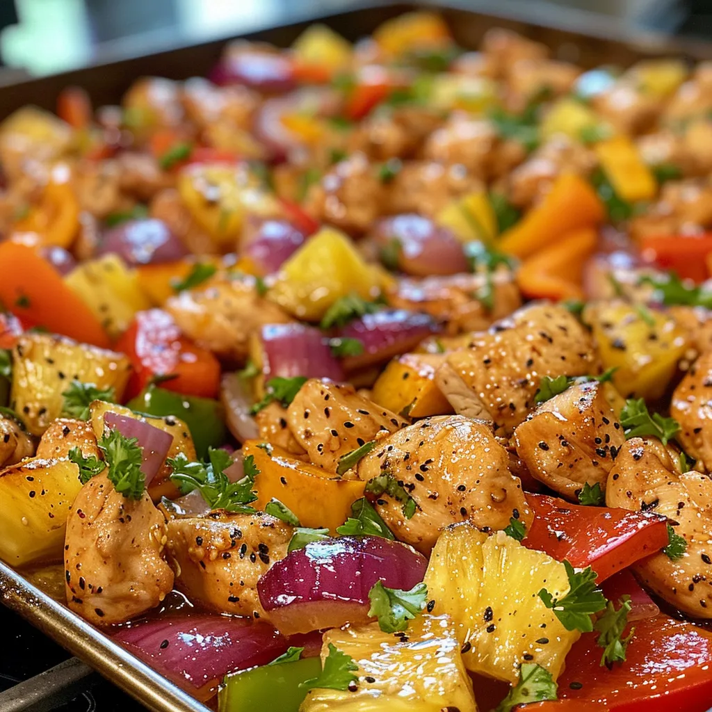 Juicy pieces of chicken thighs mixed with vibrant bell peppers and pineapple, presented on a sheet pan.