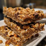 Close-up of a delicious granola bar showcasing oats and chocolate chips.