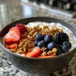 A colorful breakfast bowl filled with Greek yogurt, fresh fruits, and granola.