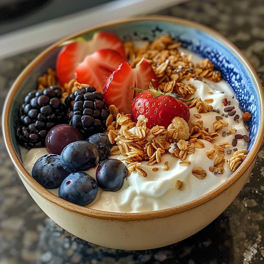 Side view of a healthy Greek yogurt bowl topped with strawberries, blueberries, and blackberries.