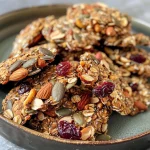 Close-up view of a stack of healthy nut and seed energy cookies, showcasing their texture and ingredients.