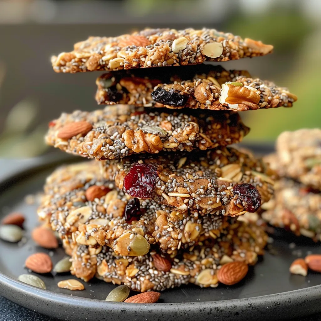 Side view of freshly baked energy cookies filled with nuts and seeds, highlighting their chewy appearance.