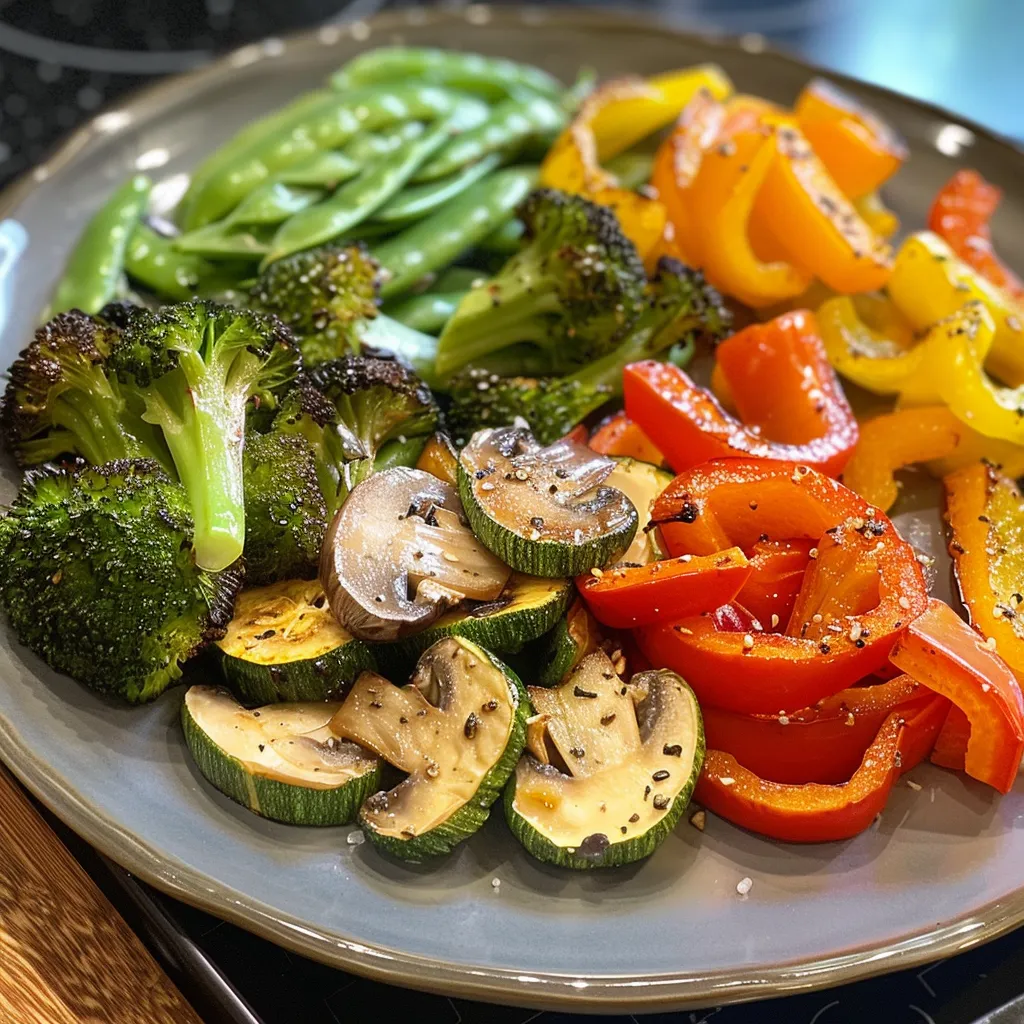 A colorful array of sautéed vegetables including bell peppers, zucchini, broccoli, and carrots in a close-up view.
