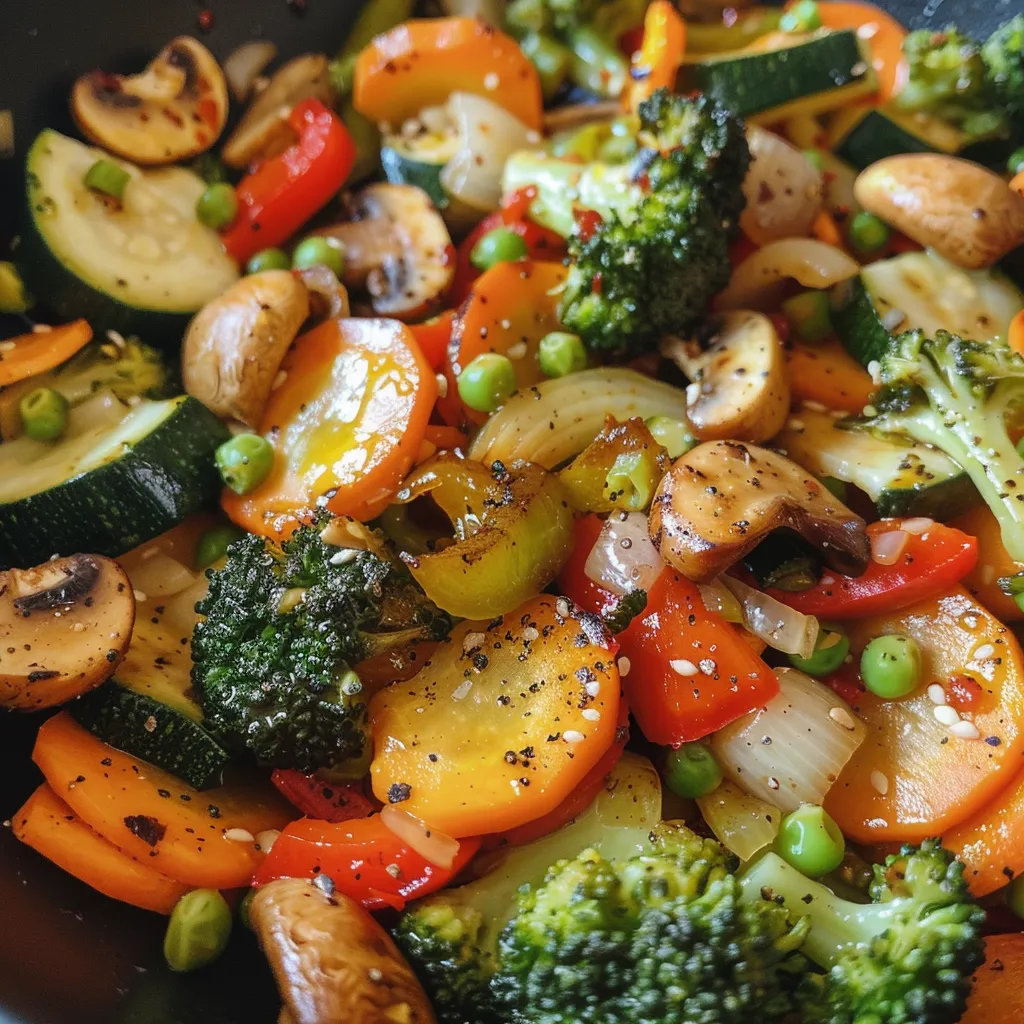 Freshly cooked sautéed vegetables featuring vibrant bell peppers, zucchini, snap peas, and mushrooms on a plate.