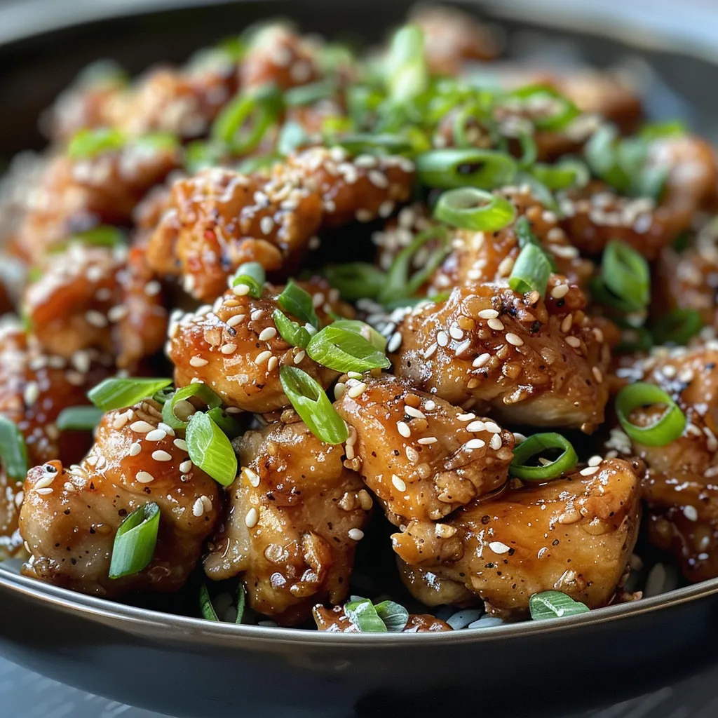 Juicy sesame chicken dish served with vegetables, showcasing vibrant colors and textures.