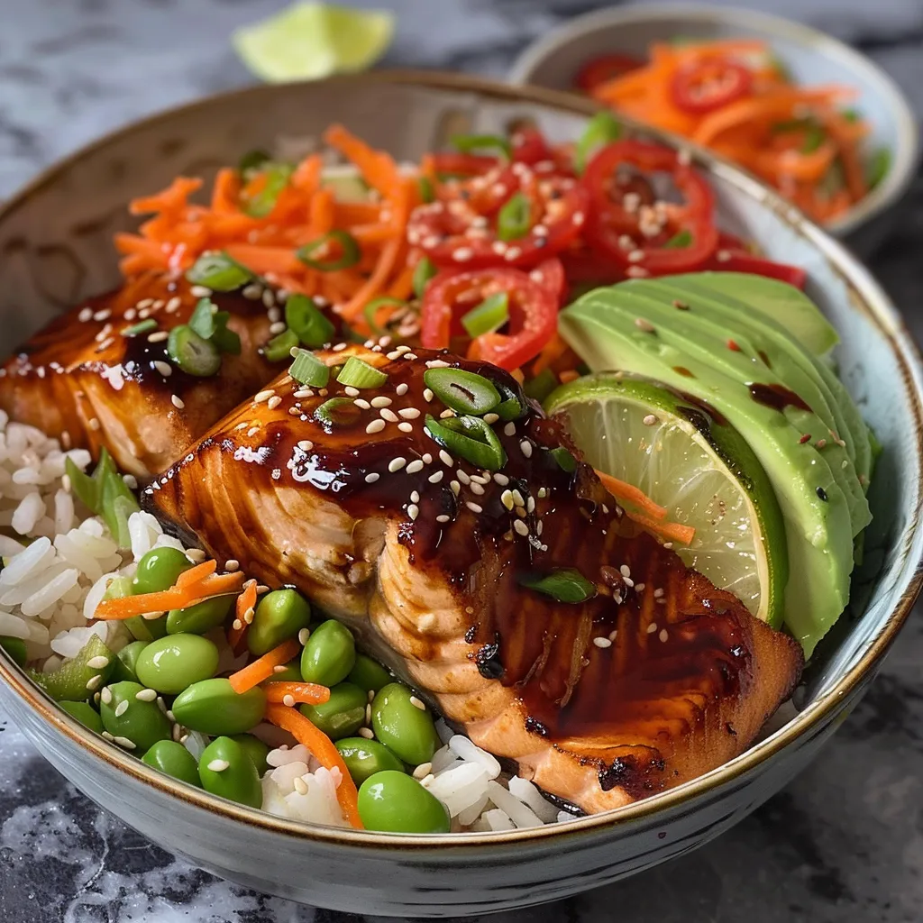 A vibrant salmon bowl featuring sweet chili sauce and fresh toppings.