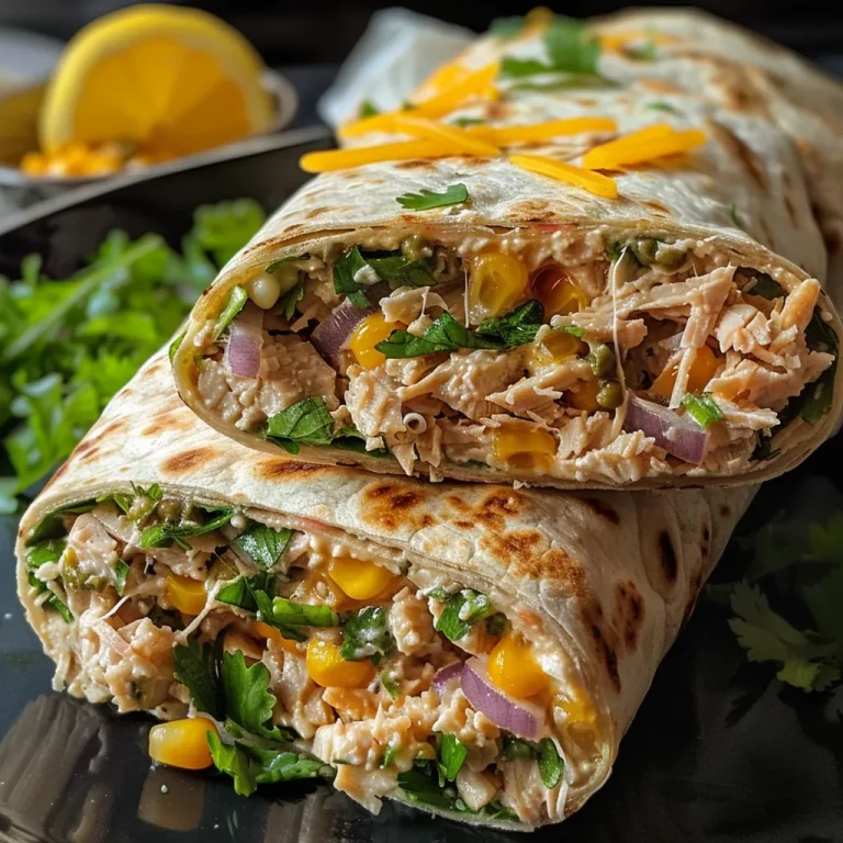 Close-up of a juicy tuna melt wrap filled with colorful ingredients.
