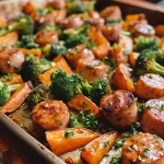 Close-up of honey garlic sheet pan sausage with sweet potatoes and broccoli.