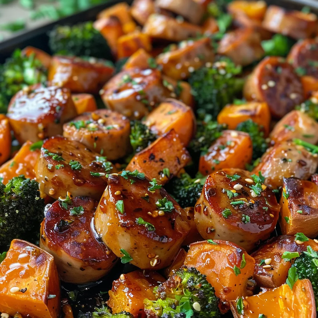 A side view of juicy sausage with honey glaze and roasted vegetables.