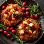 Close-up of twice-baked sweet potatoes filled with cranberries and apples, garnished with nuts.