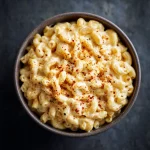 Close-up of creamy mac and cheese in a slow cooker with a golden cheese topping.
