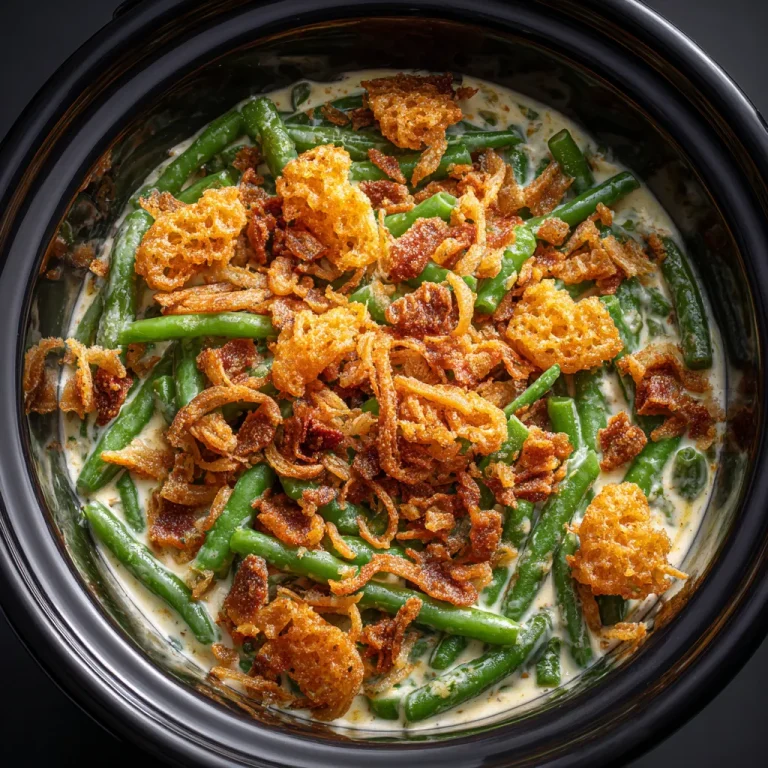 Close-up of a creamy green bean casserole topped with fried onions in a serving dish.