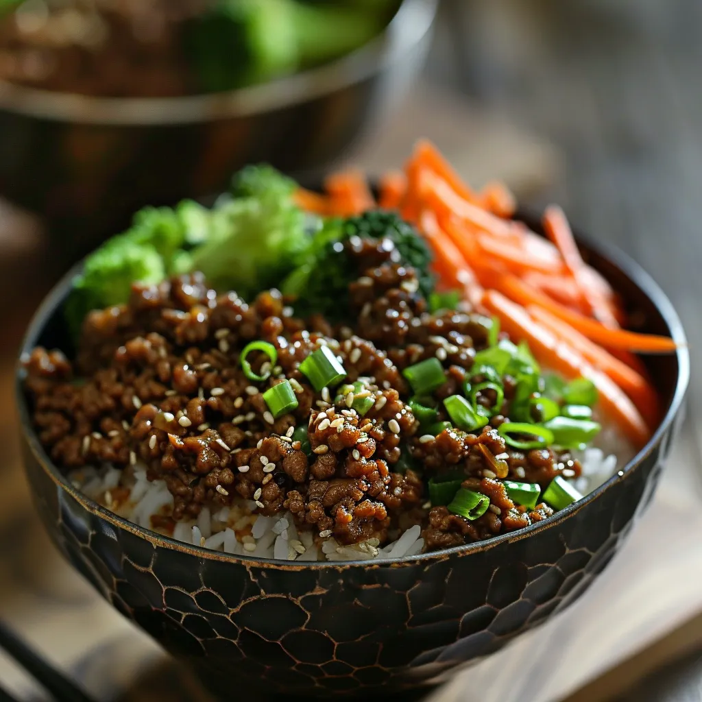Close-up of a Korean Ground Beef Bowl featuring ground beef, rice, and vegetables.