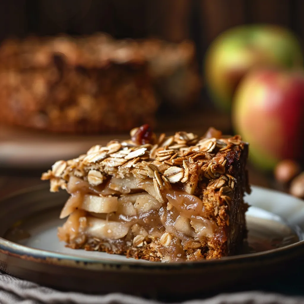 A close-up view of a Healthy Oatmeal Apple Cake with a golden-brown top, displaying diced apples and nuts, set against a soft-focus background.