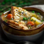 A close-up view of a warm bowl of Veggie Pot Pie Soup filled with colorful vegetables and a light broth.
