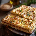 Close-up of golden Cottage Cheese Flatbreads on a wooden surface.