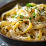 A close-up of creamy garlic pasta on a plate, garnished with parsley and illuminated by soft natural light.