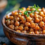 Close-up shot of golden-brown crispy chickpeas with a blurred background.
