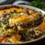 A close-up view of Cheesy Ground Beef & Potato Casserole in a dish, topped with melted cheese and herbs.